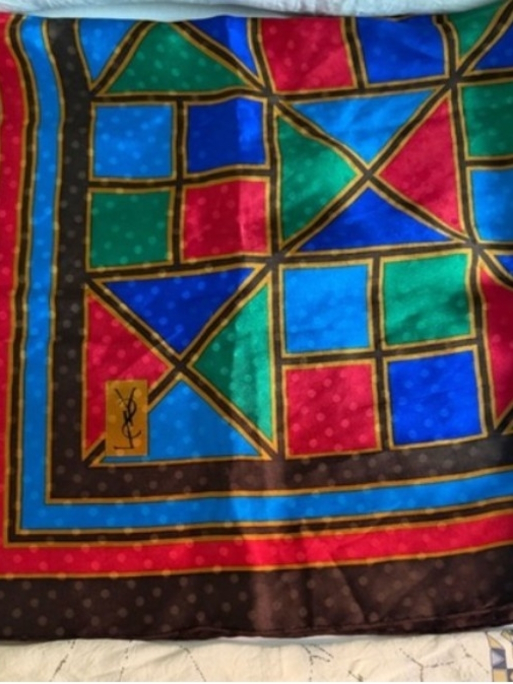 YSL- Geometric Silk Scarf in Red, Blue & Green